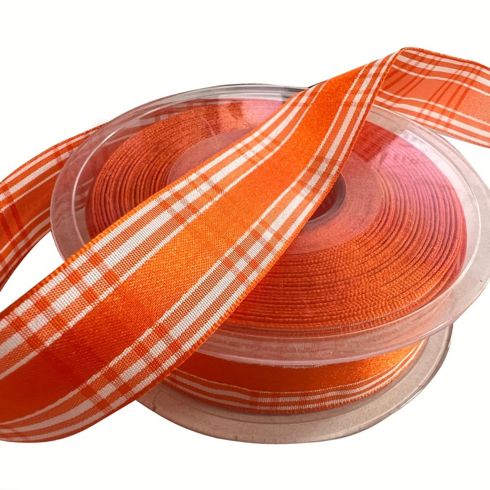 Printed Satin Ribbon Orange Check 2
