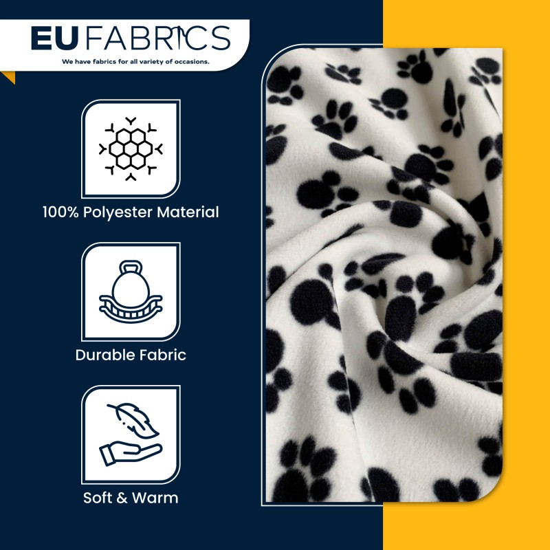 Fleece Fabric Paw Prints Black Paws
