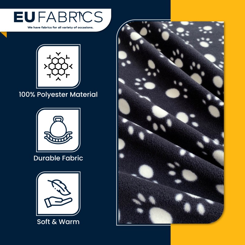 Fleece Fabric Paw Prints Black Paws