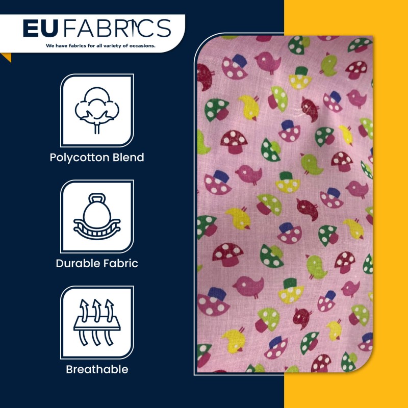 Bird and Mushroom Printed Polycotton Fabric