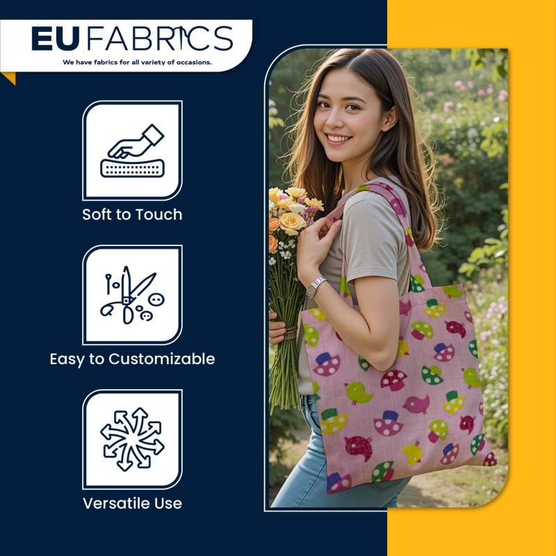 Bird and Mushroom Printed Polycotton Fabric