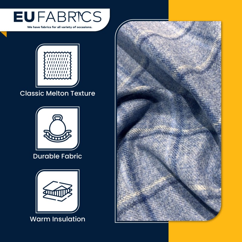 Checked Melton Wool Fabric Blue