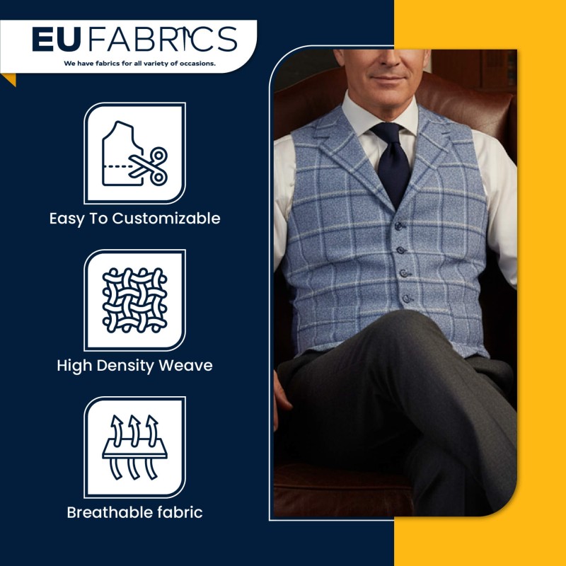 Checked Melton Wool Fabric Blue