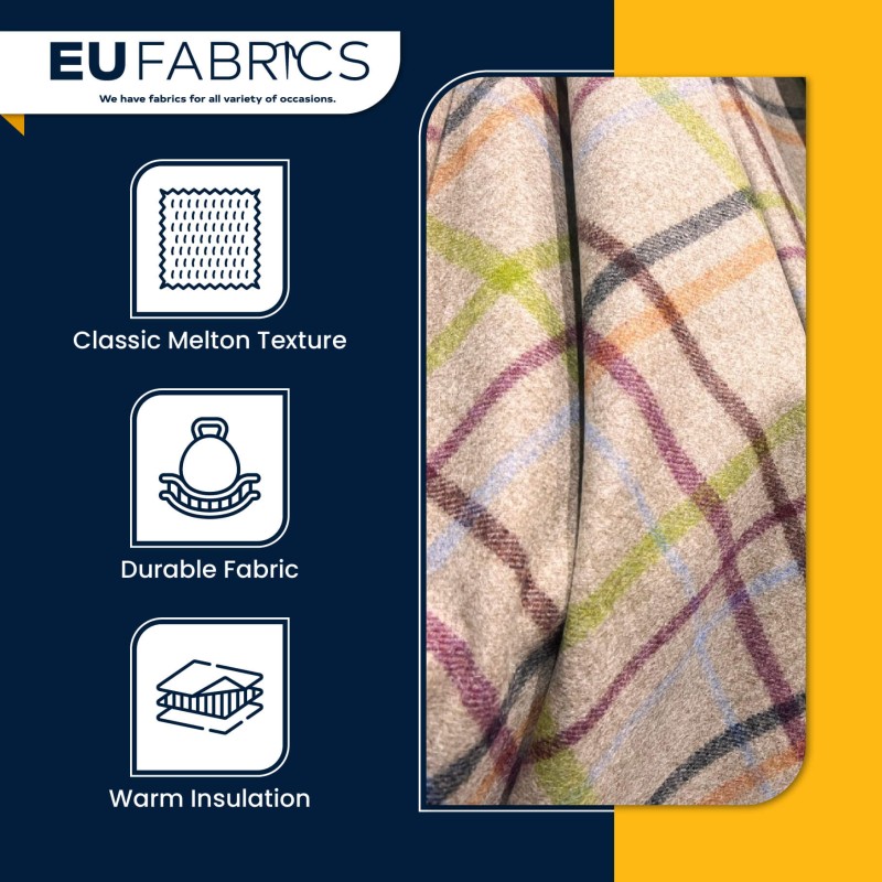 Checked Melton Wool Fabric Natural