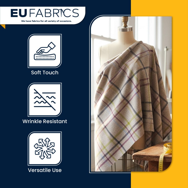 Checked Melton Wool Fabric Natural