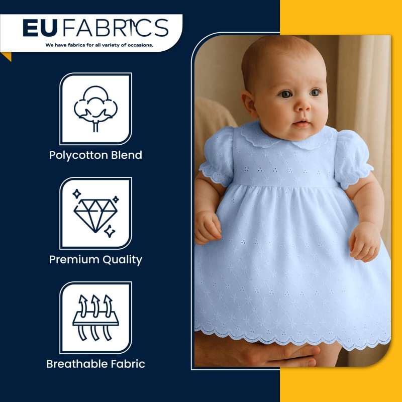 3 Hole Broderie Anglaise Polycotton Fabric Blue