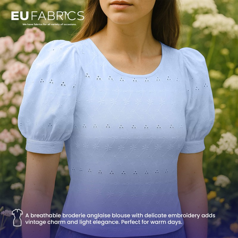 3 Hole Broderie Anglaise Polycotton Fabric Blue