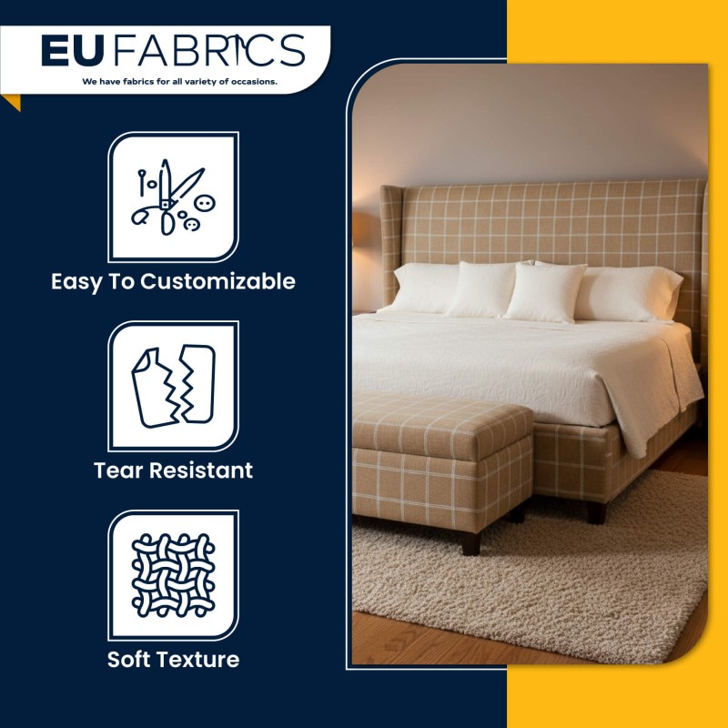 Fire Retardant Heavy Duty Upholstery Fabric Beige Check - Clearance