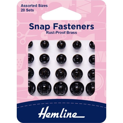 Snap Fasteners Rust-Proof Brass Assorted Sizes Black 20 Sets