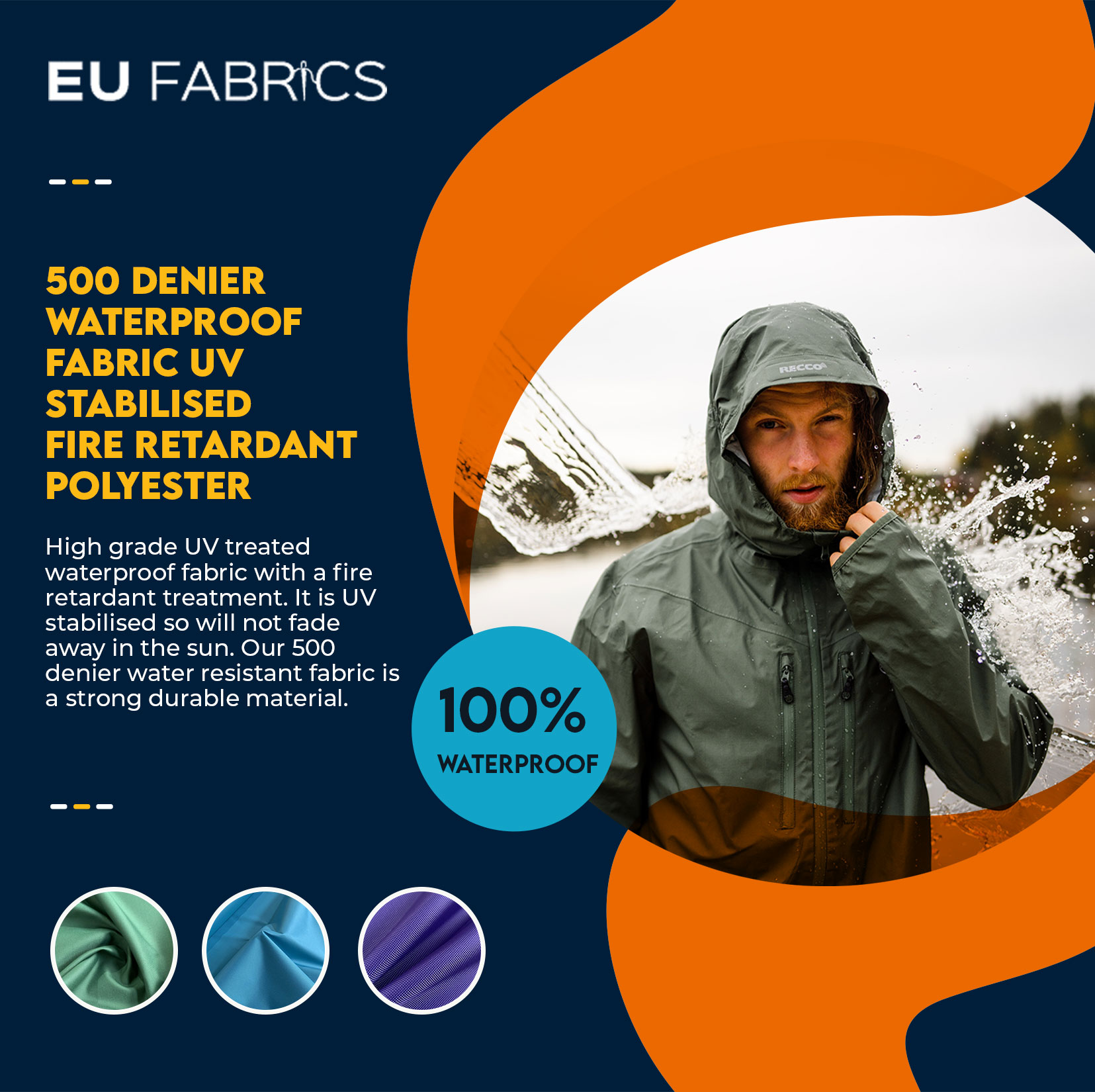 7oz 500 Denier Waterproof Fabric UV Stabilised Fire Retardant Polyester