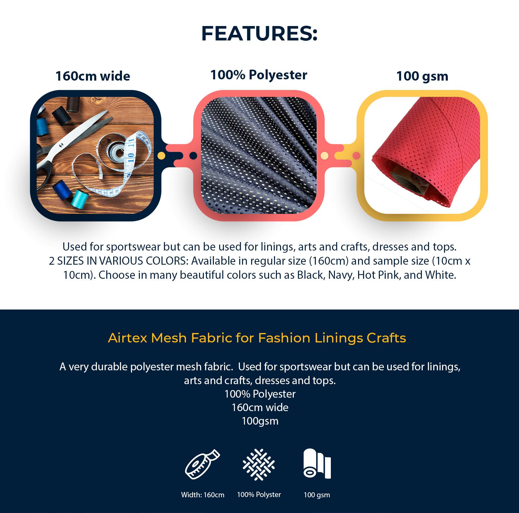 Airtex Mesh Fabric for Fashion Linings Crafts Features