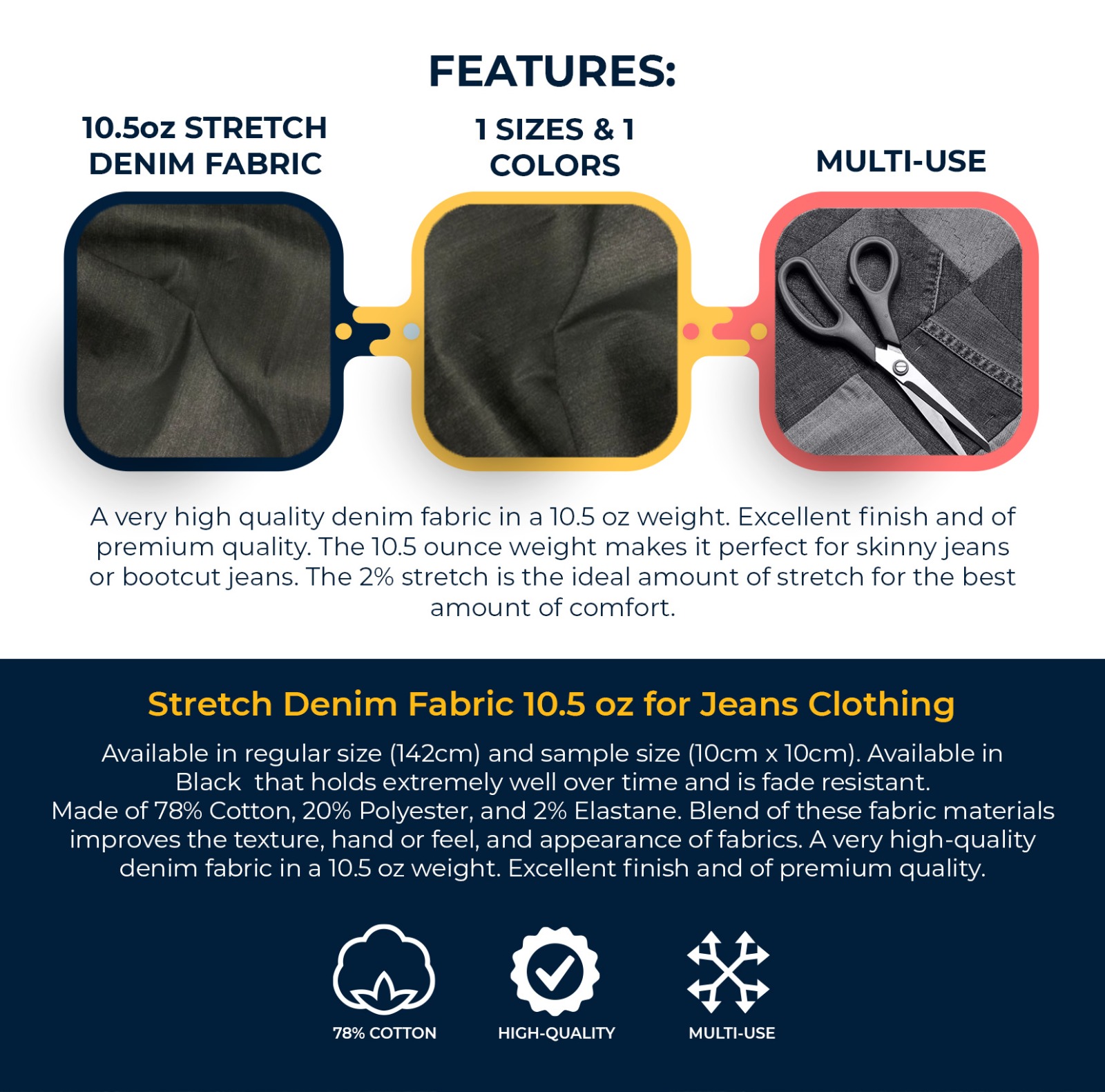 Stretch Denim Fabric 10.5 oz for Jeans Clothing Features